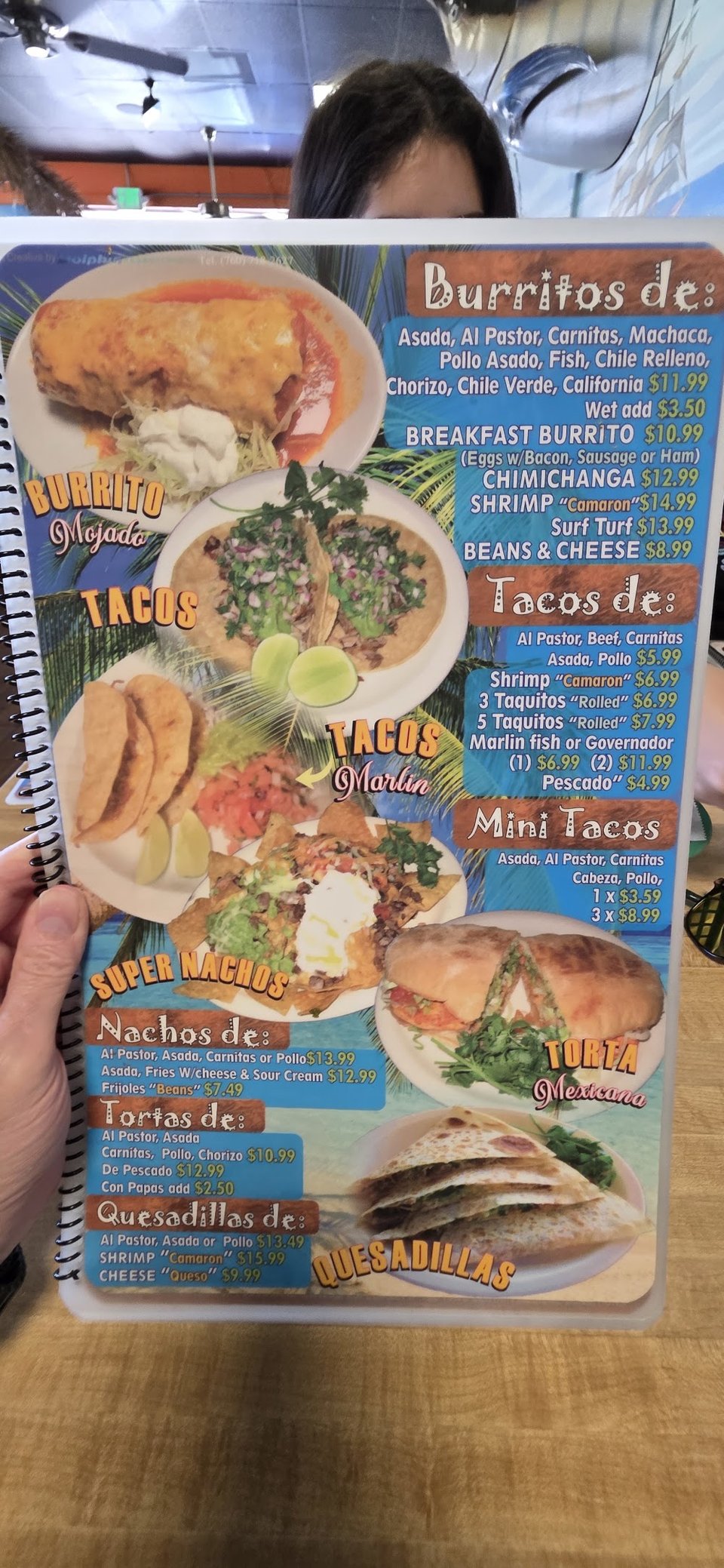 Menu layout showing Mexican entrées and seafood options.